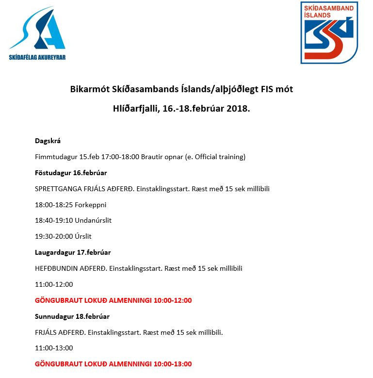 Bikarmót Skíðasambands Íslands í Hlíðarfjalli 16.-18. febrúar 2018.