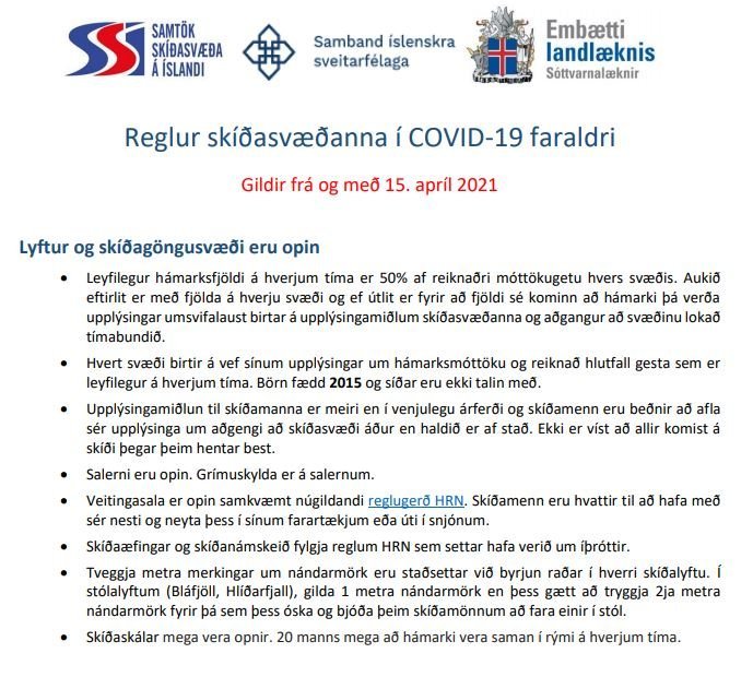 Reglur skíðasvæðanna í Covid-19 faraldri