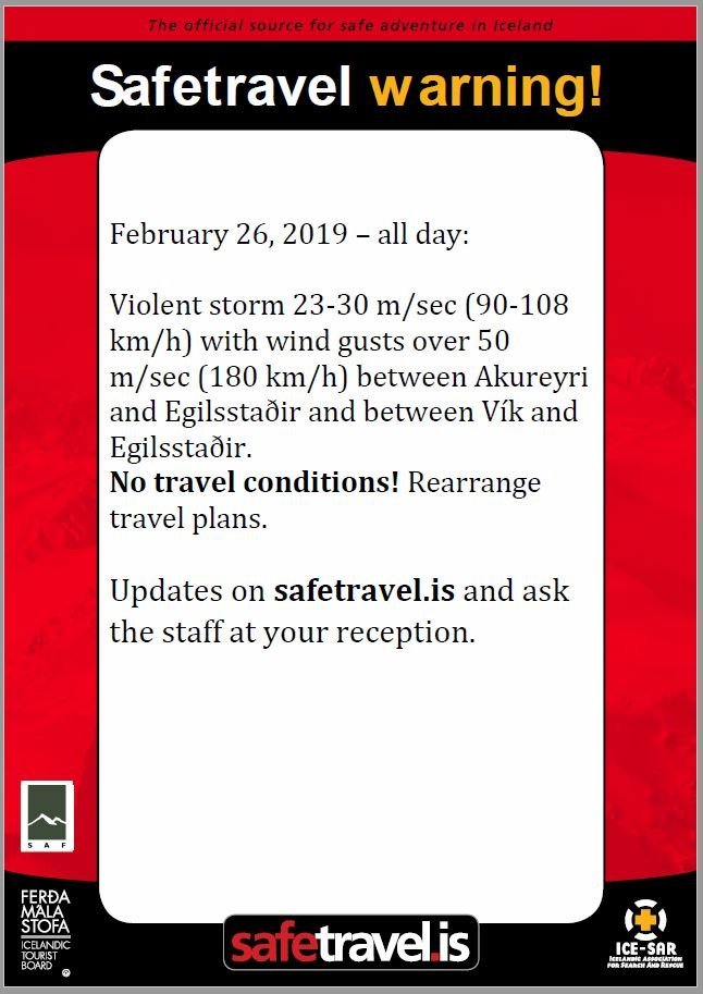 Tilkynning frá SafeTravel varðandi 26.02.2019