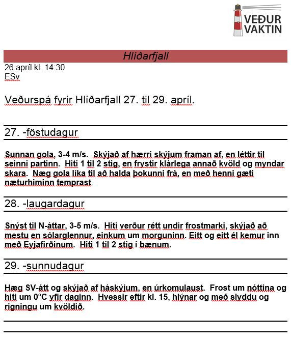 Veðurspá Veðurvaktarinnar 27. til 29. apríl