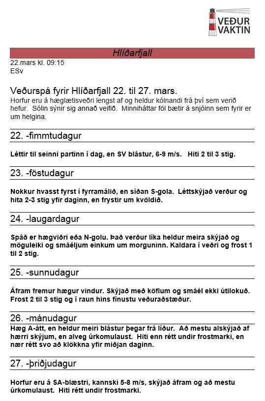 Veðurspá Veðurvaktarinnar 22. - 27. mars